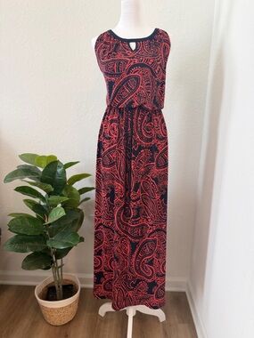 En Focus Women Paisley Maxi Dress 16W Blue Coral Boho Self-Tie